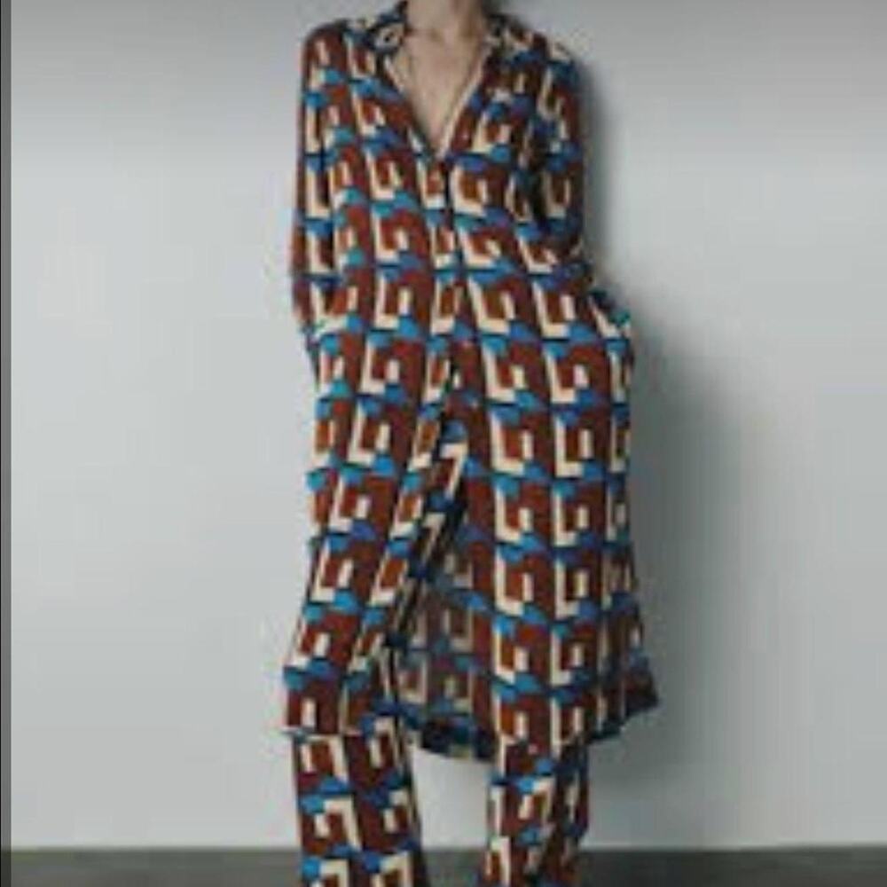 Zara geometric pattern set long shirt & pants size S NEW